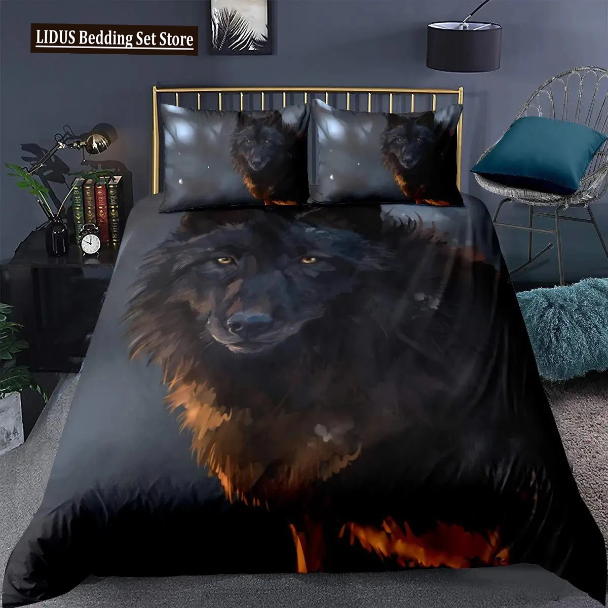 

Animal Duvet Cover Set Exotic Style Boys 3D Animal Printed Bedding Set Black Wolf Double Queen King Size Polyester Qulit Cover