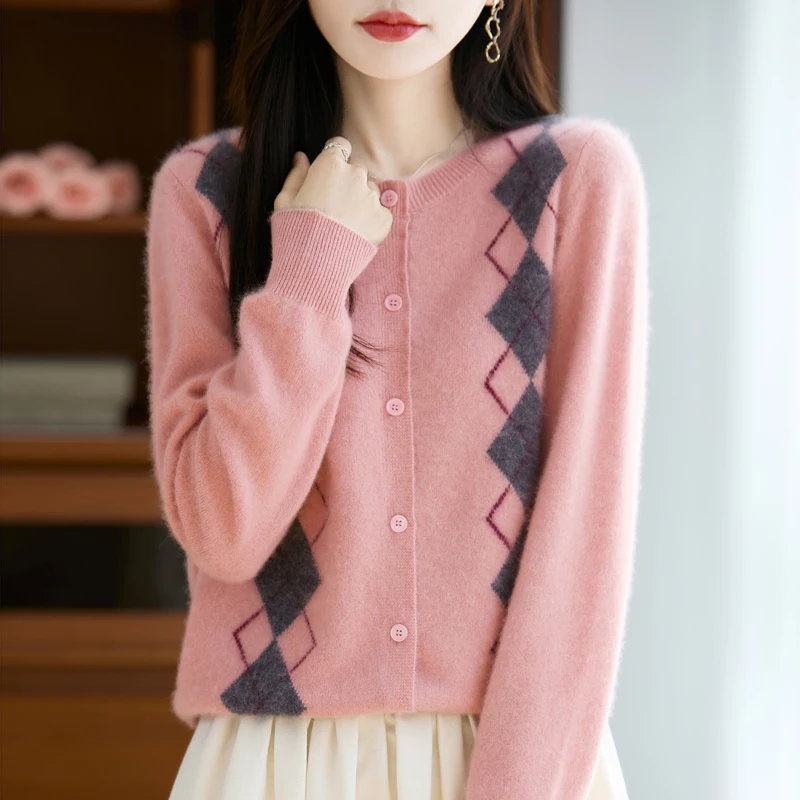 Cárdigan de lana pura 100% para mujer, suéter de cachemira con cuello redondo, Chaqueta de punto informal, nueva camisa de chaqueta de moda de otoño e invierno 2025