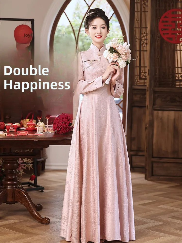 

Pink Engagement Wedding Dr New Chinese Sle Bride Gown Autumn Winter Floor Length Embroidered mid Waist Long Sl...