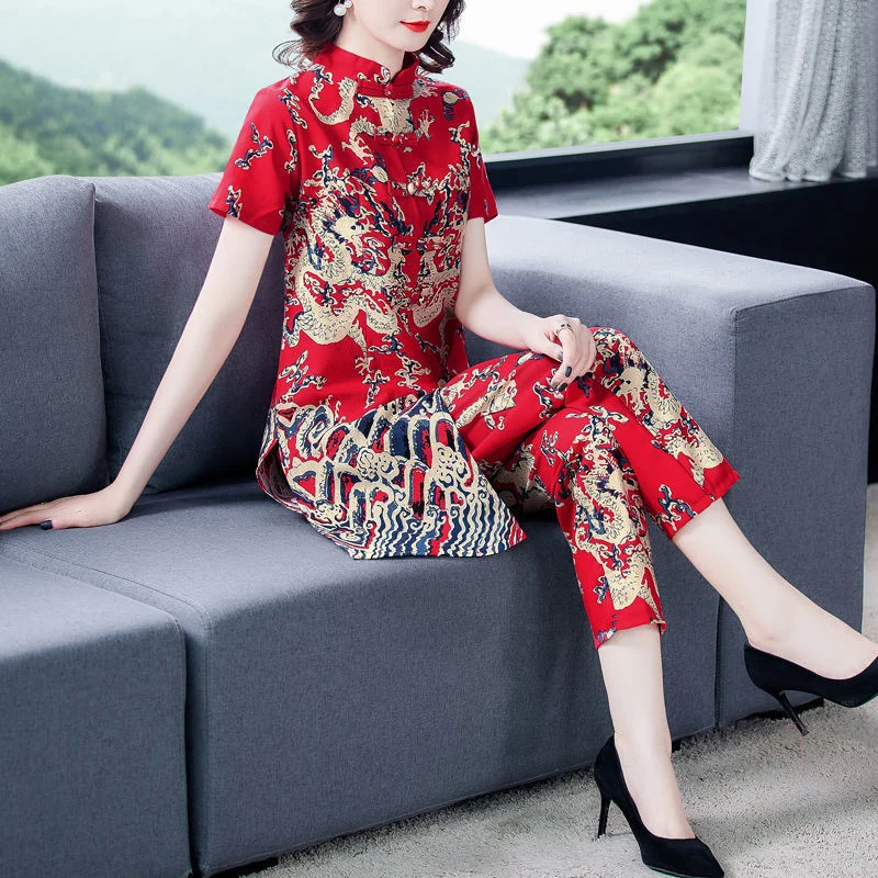 Vintage Short Sleeve Print Stand Collar Buckle Cheongsam Top Loose Trousers Clothes Set Women Summer Chinese Style 2 Piece Set