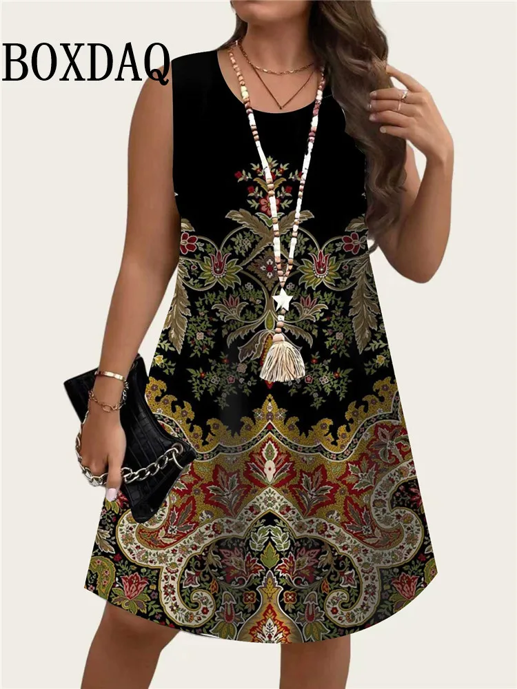 Retro Women Dresses Ethnic Style Floral 3D Print Loose Tank Dress Plus Size Casual Sleeveless Pullover O-Neck Dress Summer 2026