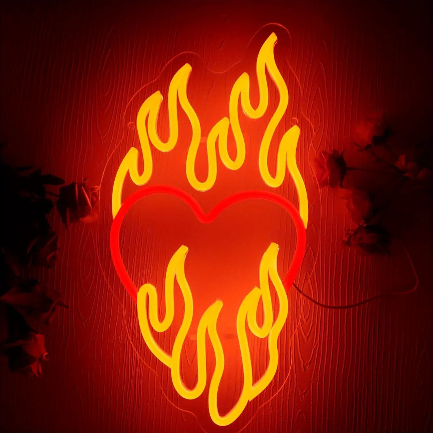 Love Heart Fire Neon Sign Dimmable LED Heart Flame Neon Sign Wall Decor Heart Wall Art Aesthetic Neon Light for Wall Light Gift