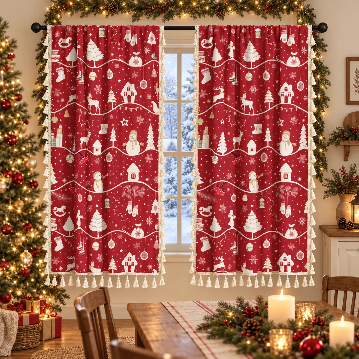 1pc Christmas Style Kitchen Short Curtain, Rod-Pass Through Half Curtain, Coffee Curtain, Bathroom, Restaurant Window Covering
