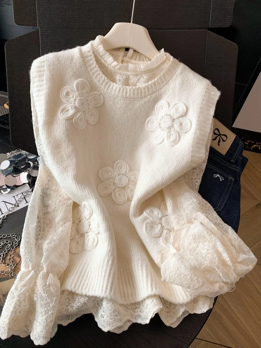 

Stunning Lace Sweater And Vest Two-Piece Set with 3D Floral Embroidery Commuter Style Casual Wear for Spring Autumn Winter