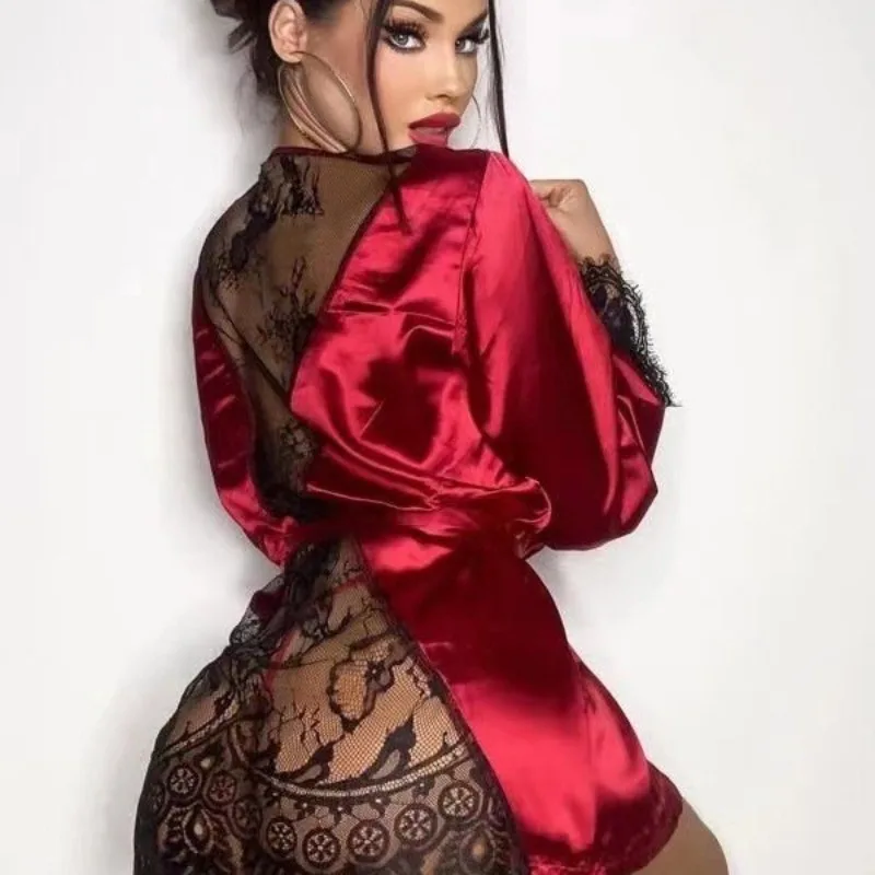 Sexy Silk-like Pajamas  Loose and Comfortable Robe  Casual and Thin Home Wear  Lace Pajamas  Loose Cardigan with Tie Bathrobe