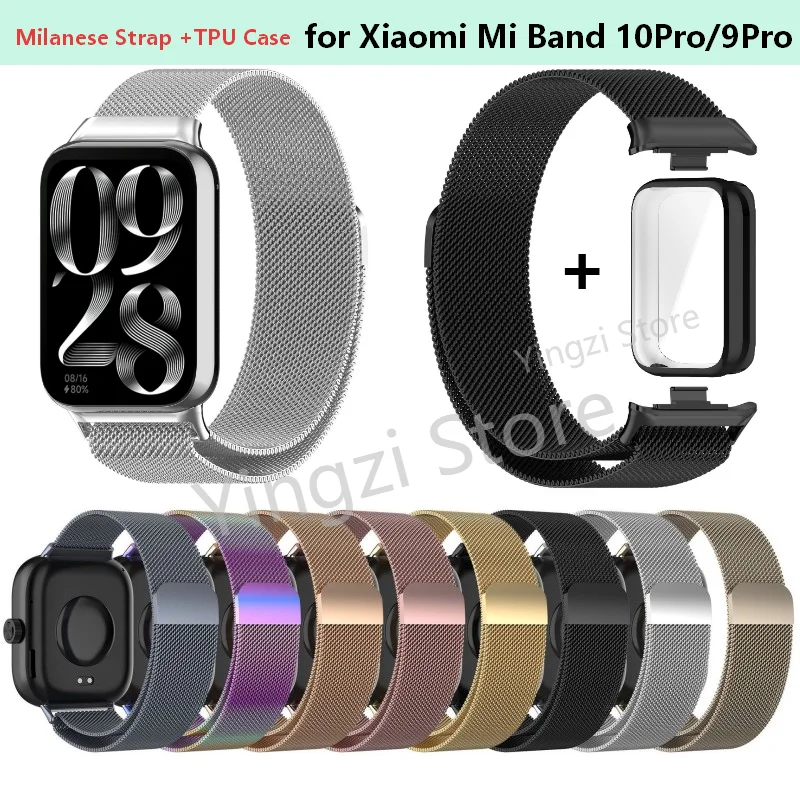 Pulseira de Aço Inoxidável + Capa Completa de TPU para Xiaomi Mi Band 10 Pro Smartwatch, Bracelete Magnético Milanesa para Mi Band 9 Pro Shell Cove