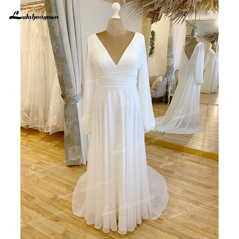 Vestidos de novia sencillos para mujer, corte en A, Sexy, escote en V profundo, Espalda descubierta, elegante, manga acampanada, cinturón de barrido, bata plisada, 2025