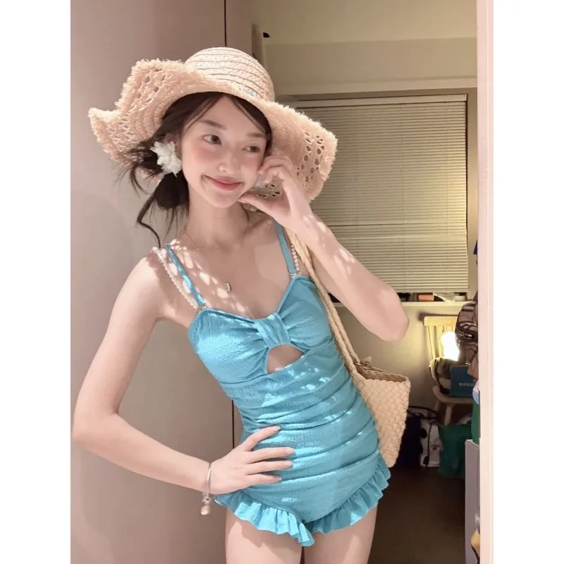 Pearl One-piece Swimsuit Female White Girl Lace Conservative Slim Slim Smock Sunscreen Two-piece Set Small Breasted Student 2025