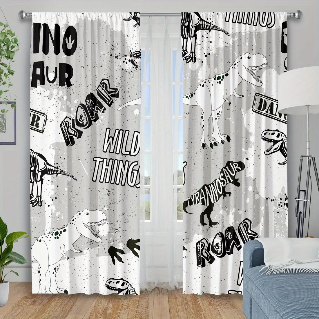 Dinosaur Curtain, Roar Wild Thing Print Drapes, Kids Cartoon Window Curtains, Boys Bedroom Decor