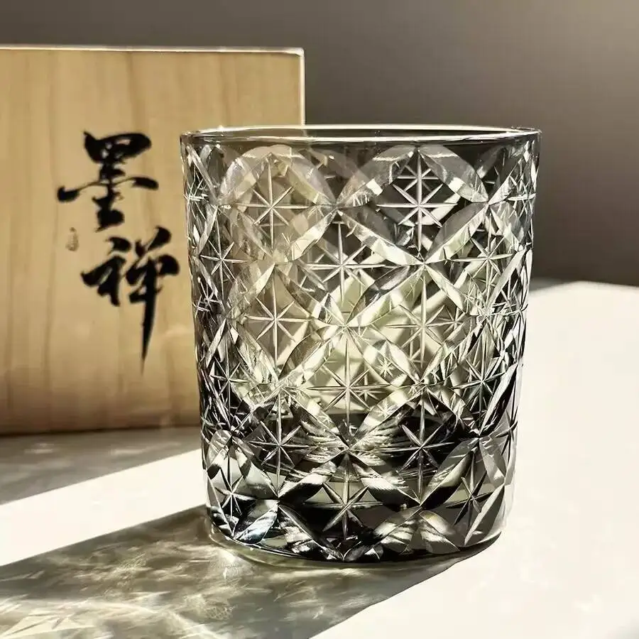Shippo Figure Crystal Glass Hand Engraving Edo Kiriko Wine Cup Deluxe Whisky Cup Light Gray Rock Tumbler Glass Best Present