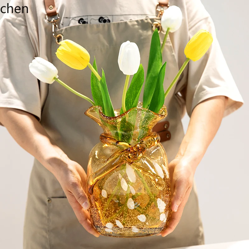 HTT العنبر الذهب المذهبة كيس الحلوى الزجاج زهرية المنزل سطح المكتب مدخل حقيبة المال زخرفة الزخرفية المائية زهرية #2
