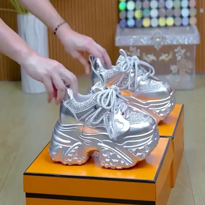 

Women's Platform Sneakers Luxury Crystal Casual Shoes 10CM Height Increasing Sports Shoes for Women Thick Sole Vulcanized Shoes