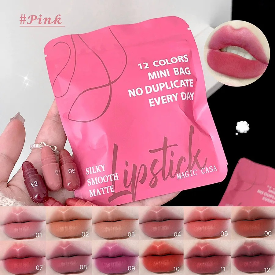 Juego de pintalabios cápsula de 12 colores, esmalte de labios mate de terciopelo resistente al agua, Sexy desnudo, fácil de colorear, taza antiadherente, lápiz labial, maquillaje novedoso