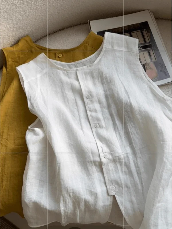 

Retro round Ne Linen irt Women's Loose Thin Cotton Linen Svel Top Comfortable Breathable Summer Casual Blouse