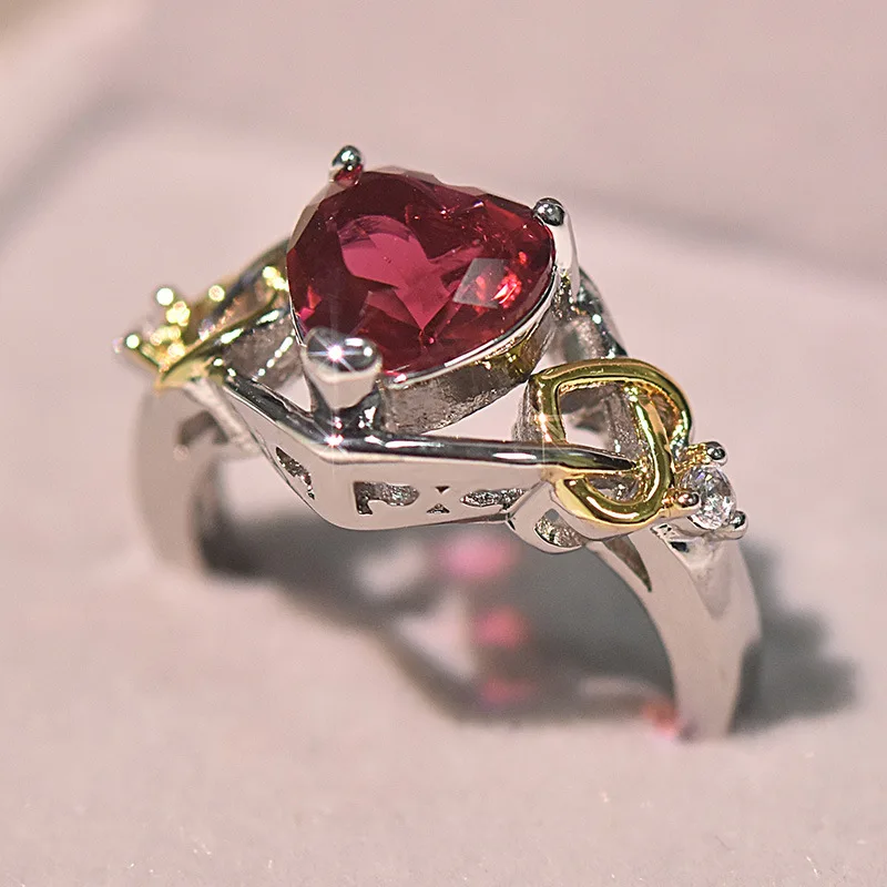 S925 sterling silver rose red love heart ring two color electric zircon engagement color separation ring for wedding proposal