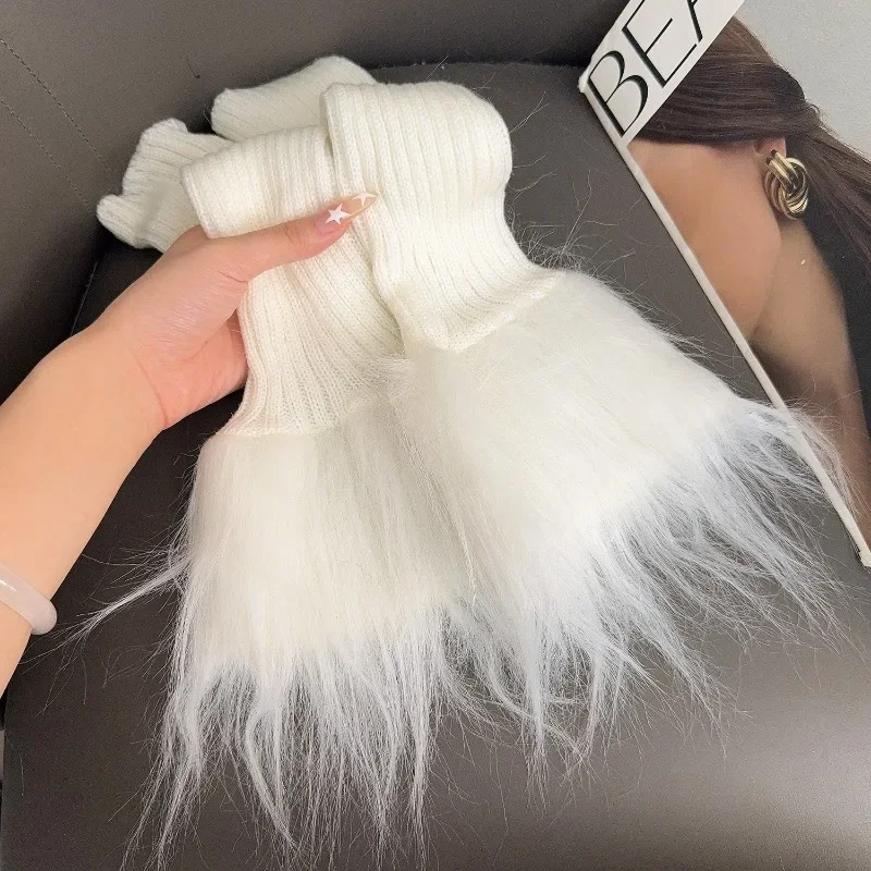 Aquecedores de pernas de tricô de pelúcia mulheres inverno longo meias de pele do falso lolita quente doce meias peludas preto branco bota capa meias