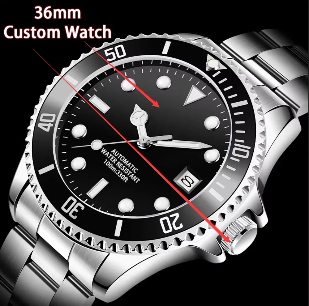 Relojes con logotipo personalizado de 36mm para hombre, reloj mecánico clásico de negocios para hombre NH35, reloj de pulsera automático con bisel de cerámica y cristal de zafiro