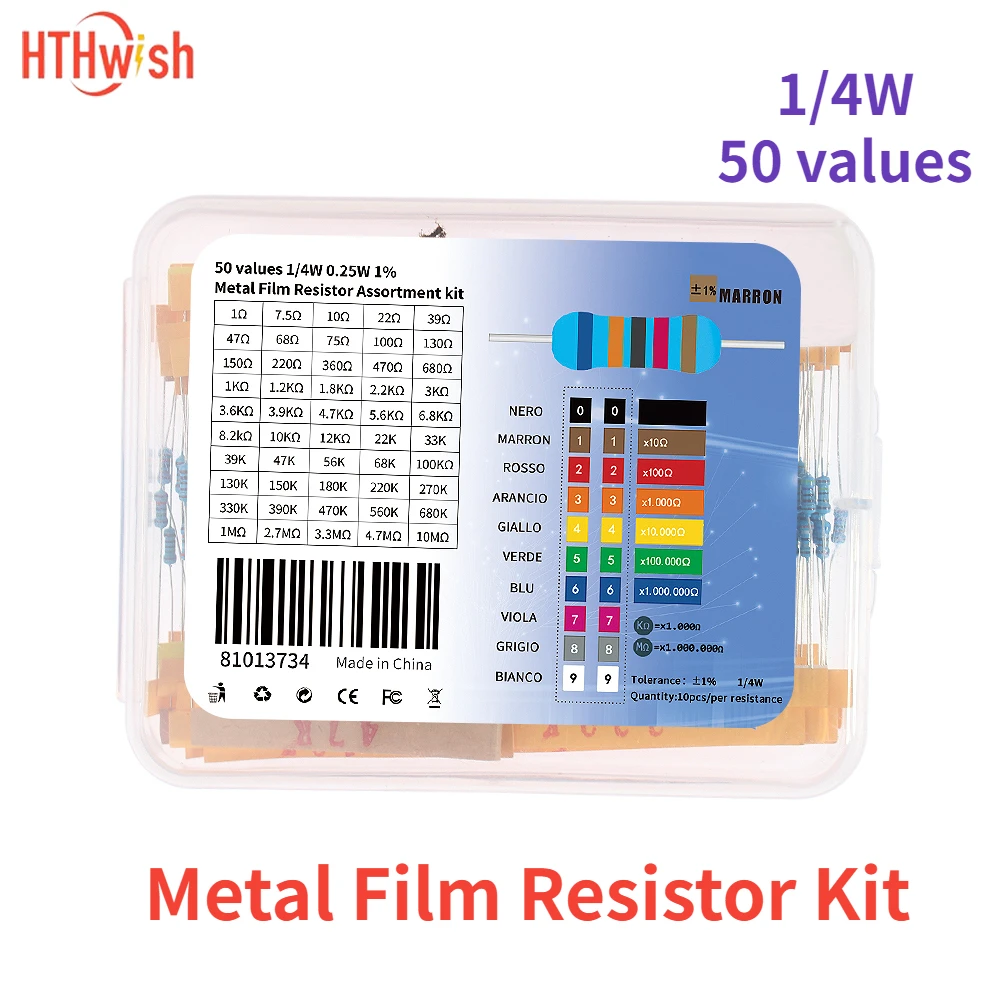 

500 pcs Set of Resistors 0.25W 1 Ohm ~10M Metal Film Diy Electronic Kit 1/4 Watt Resistor Assortment Kit Electronic Component