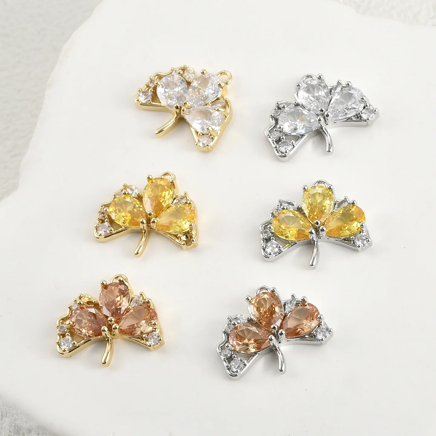 Copper Plated 14k Gold Color Ginkgo Biloba Leaf Inlaid Zircon Pendant DIY Handmade Bracelet Necklace Accessories Material