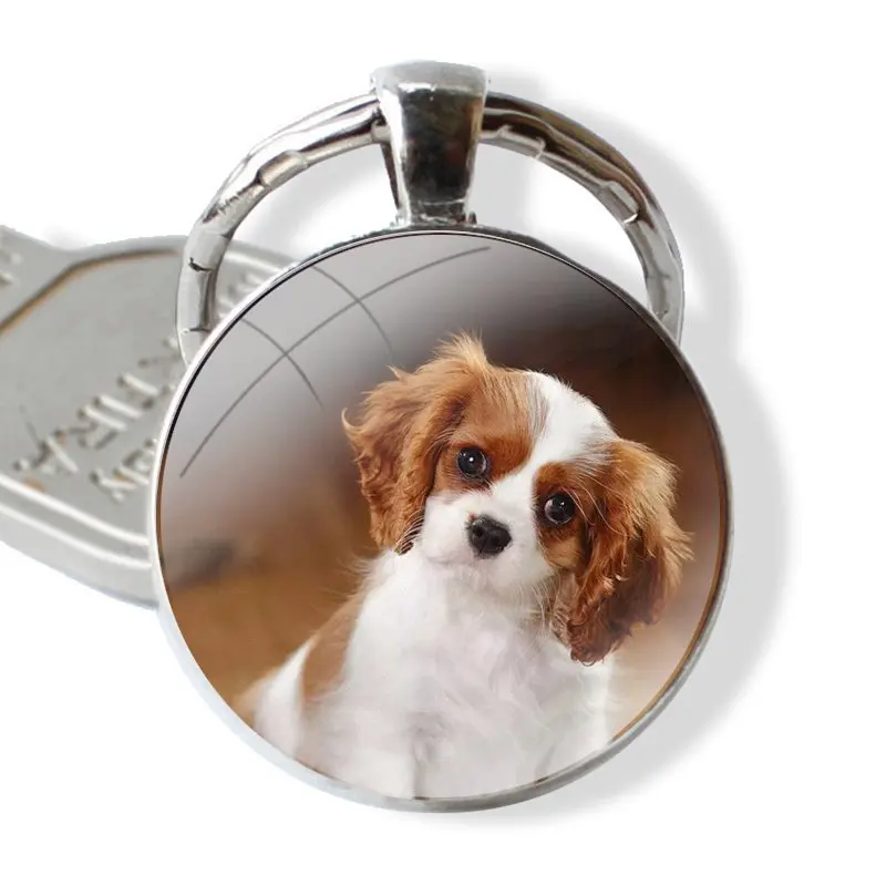 Keychain Handmade Glass Cabochon Key Ring Holder Pendant Key Chains Cute Cavalier King Charles Spaniel Dog