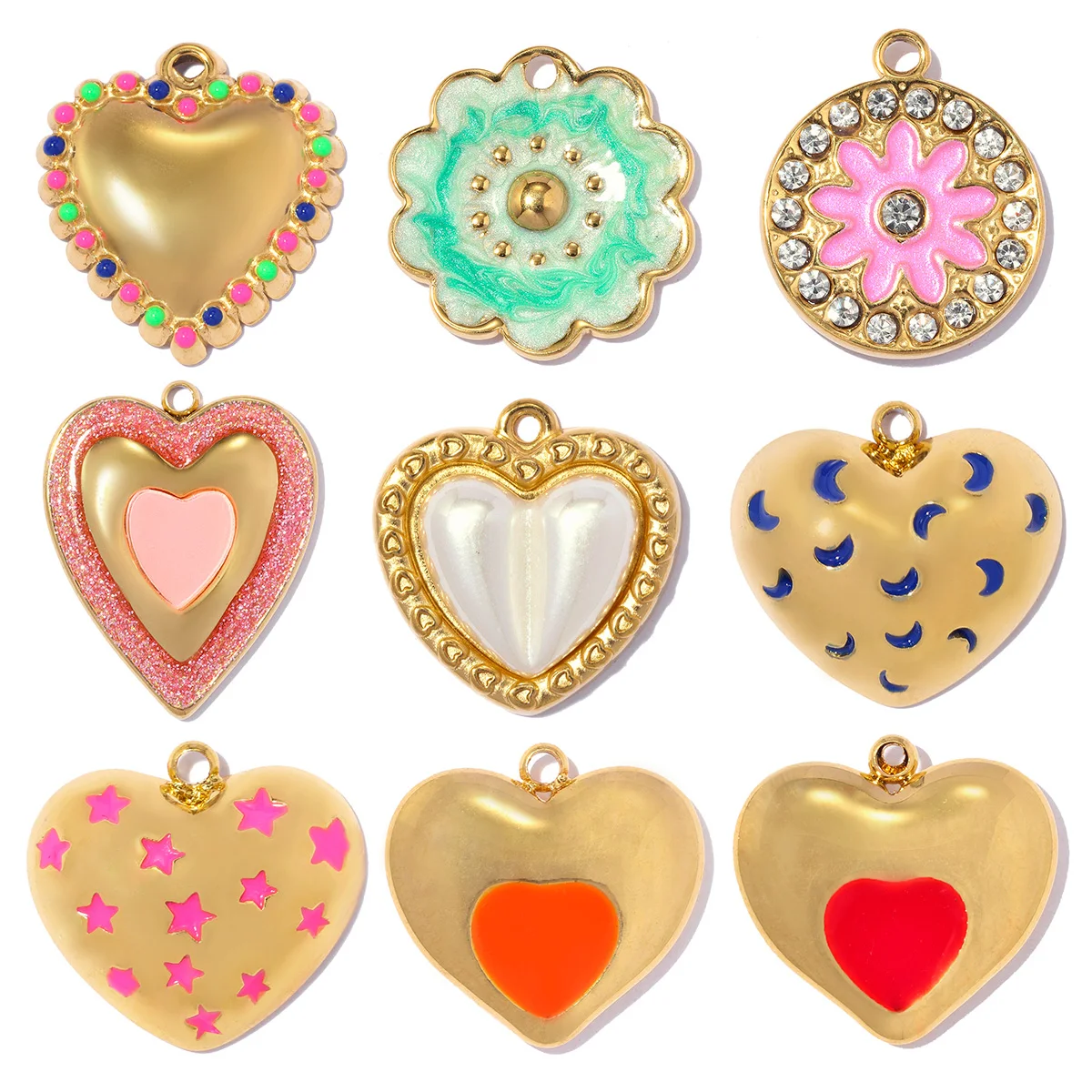 3pcs/Lot Stainless Steel Rhinestone Flower DIY Earring Charms Enamel Star Moon Necklace Pendants Heart Shoe Accessory Wholesale