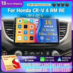 Android 16 wifi+4G Carplay BT AUTO  Car Radio For Honda CRV CR-V 4 RM RE 2012-2015 Navigation GPS Video Player Stereo Multimedia