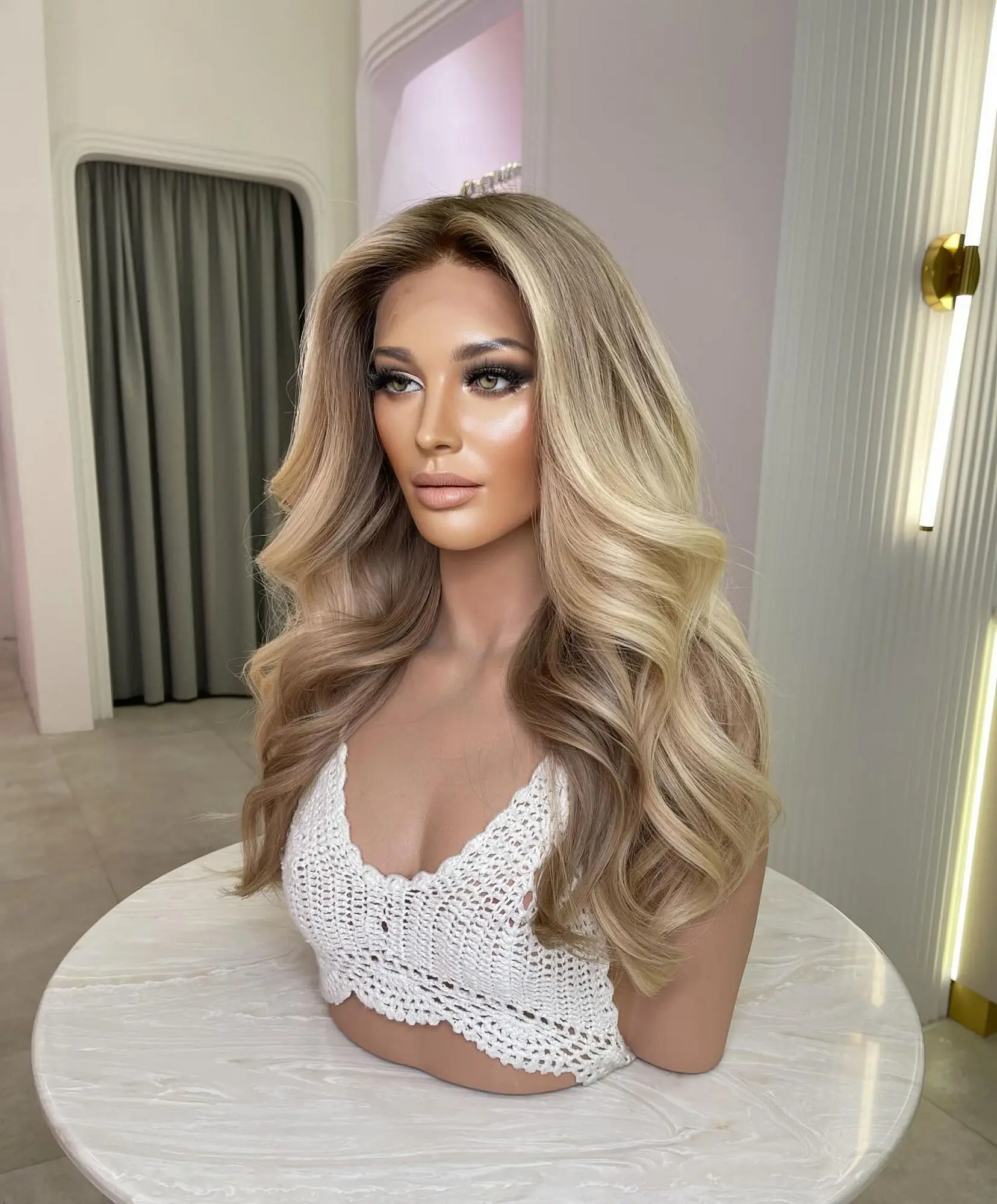 Soft 22 Inches Long Length Body Wave Synthetic Lace Top Wigs New Style Pre Plucked Natural Hairline High Quality Brunette Fibre