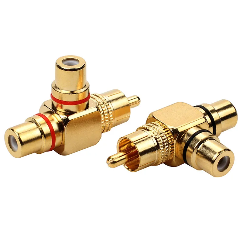 1PCS T shape RCA connector 1xMale Plug-2xFemale Jack 24K Gold plated RCA Plug jack Wire converter