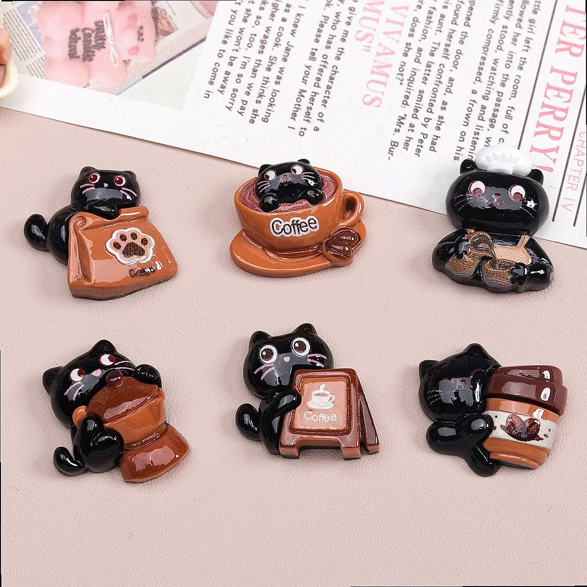 100pcs Wholesale Mini Cartoon Cat Coffee Resin Flatback Cabochon DIY Accessories for Phone Case Keychain Jewelry Hairpin Making