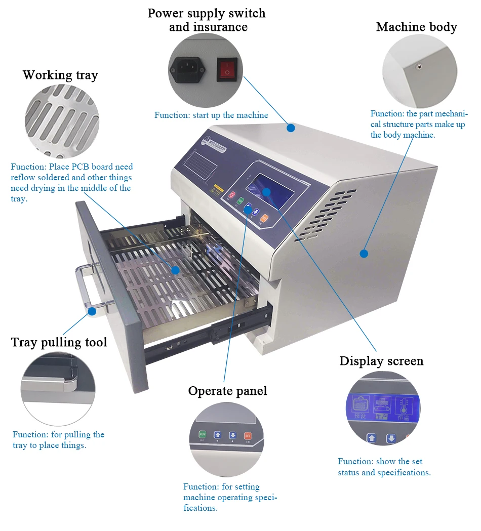 

ZB2520HL Infrared Hot Air Reflow Solder Oven 250x200mm SMT Reflow Oven 1600W Reflow Soldering Machine For Pcb Plate Heating