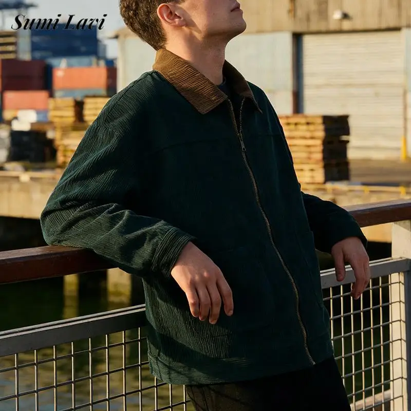 

Винтажная вельветовая куртка на молнии с отложным воротником для мужчин, весна 2026, повседневная, с контрастными вставками, модная мужская куртка в стиле пэчворк