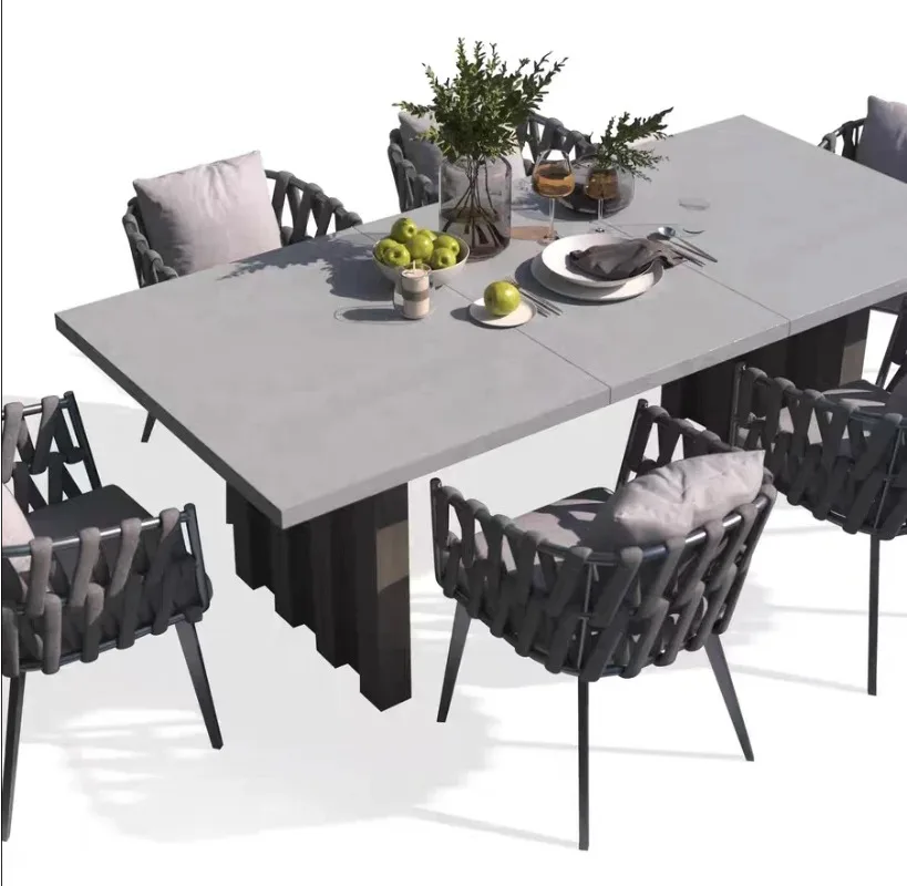 Outdoor Patio Furniture Garden Table Set Rope Weaving Outdoor Dining Extension Table Chairs