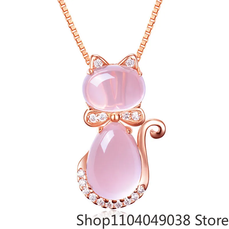 

Pink Natural Jade Cat Pendant Necklace Stone Gifts for Women Real Jewelry Rose Gold Plated Charm Fashion Accessories Designer