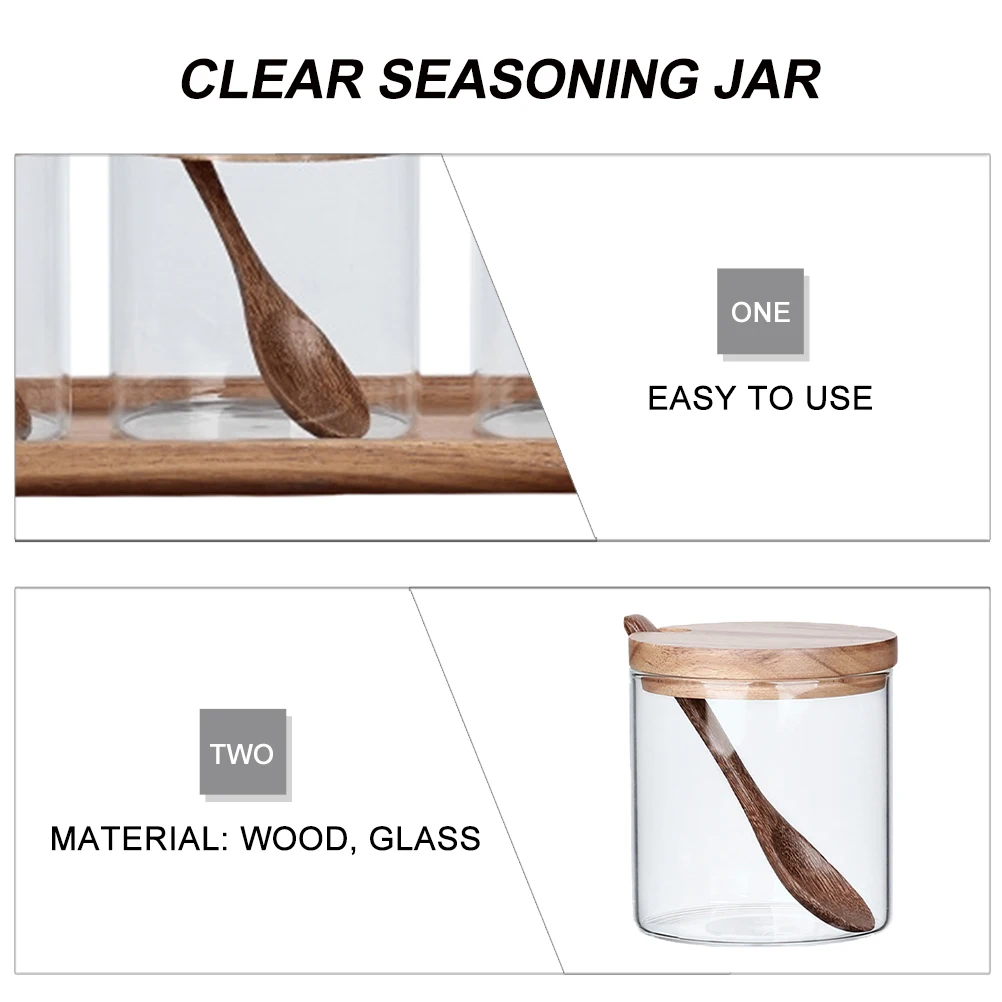 

1 set Condiment Storage Jar Set Clear Glass Spice Holder Acacia Wood Seasoning Container Kitchen Canisters Food organizer