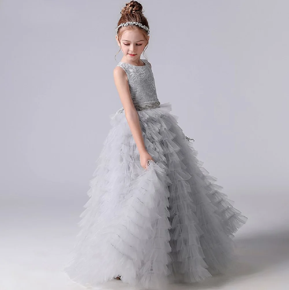 Flower Girl Dresses Gray Tulle Appliques Tiered Long Skirt Sleeveless For Wedding Birthday Party Banquet Princess Gowns