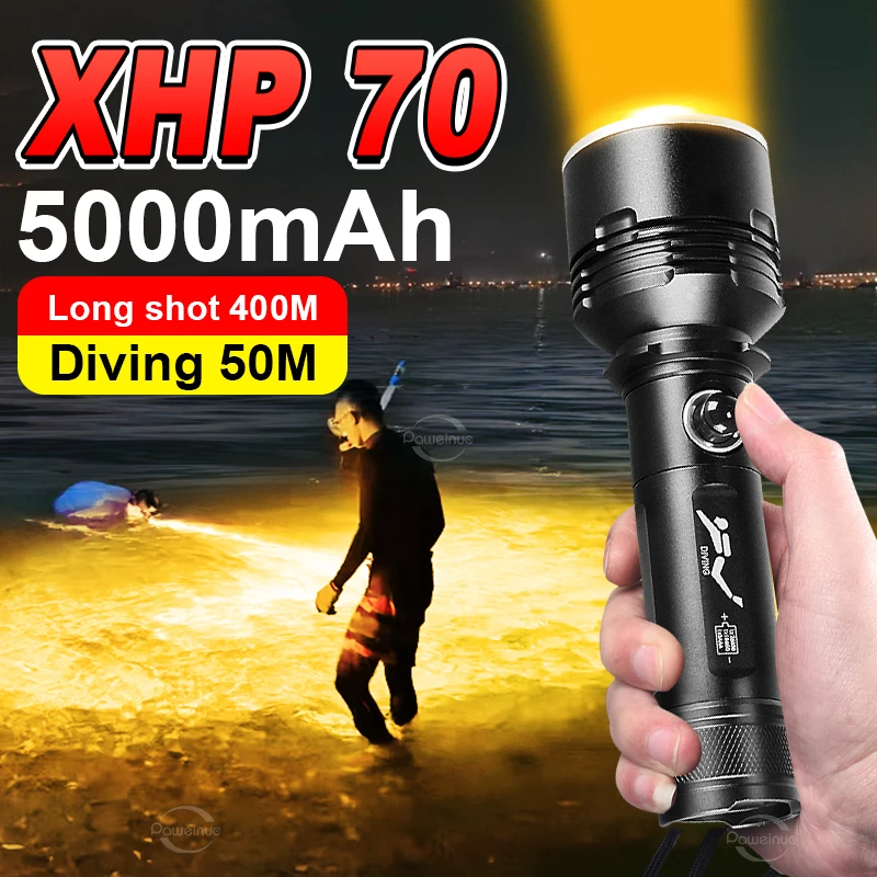 

XHP70 светодиодный фонарик высокой мощности для дайвинга 5000 мАч перезаряжаемый фонарь для подводного плавания IPX8 профессиональный подводный фонарь 50 м для охоты и рыбалки