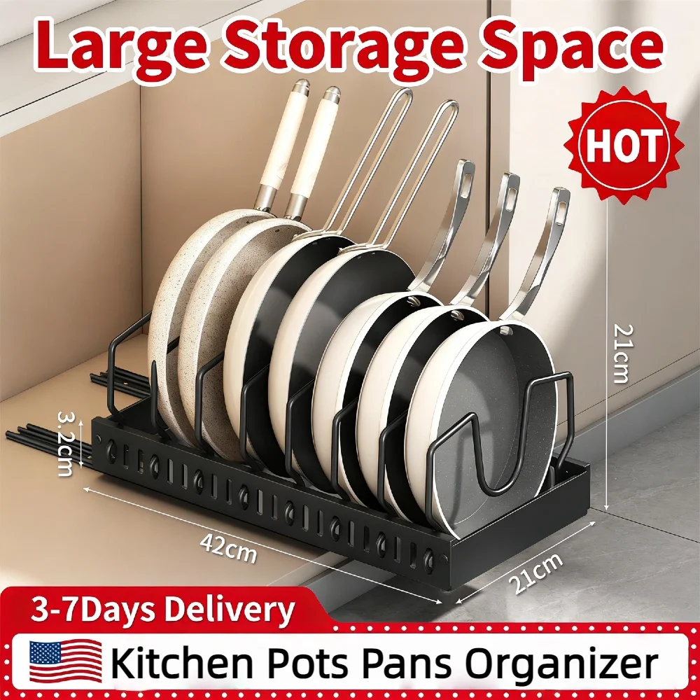 

Kitchen Slide Out Pot Pan Organizer with 8 Adjustable U-Shaped Dividers Sliding Lid Holder Carbon Steel for Pot Lid Bakeware Dis