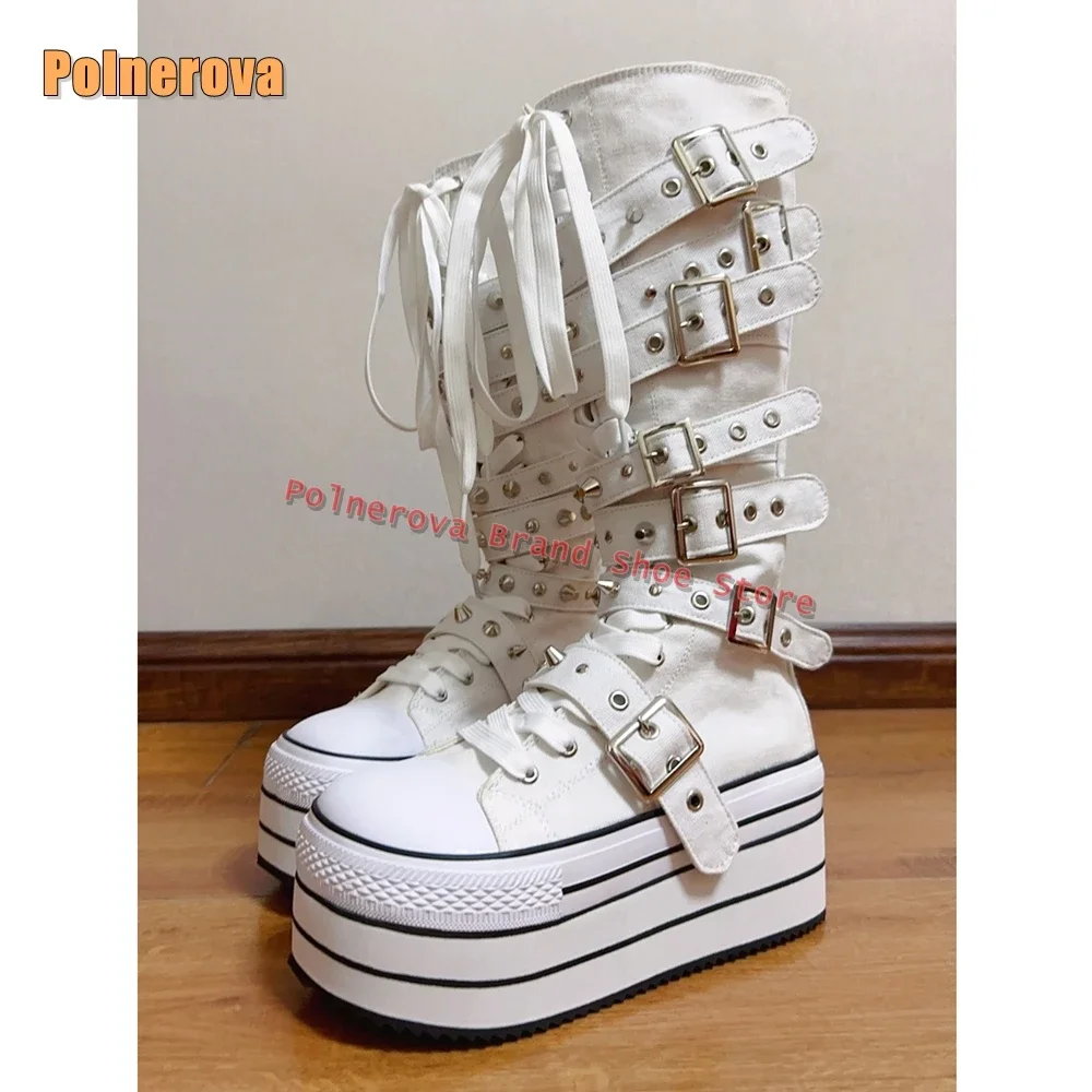 Botas hasta la rodilla con plataforma y hebilla de cinturón de lona, punta redonda, suela gruesa, correas cruzadas para aumentar la altura, estilo Preppy, talla grande 2024