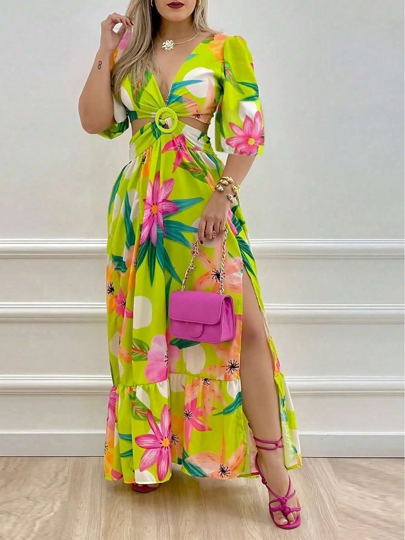 

Women's Vibrant Floral Print Long Dress with Deep V Neck, Puff Sleeves, Waist Cutout & High Slit