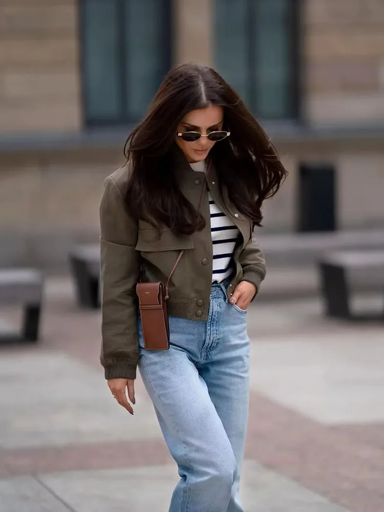 SIYANG Women Fashion With Pockets Bomber Jacket Coats Vintage Long Sleeve Front Button Casual Female Outerwear Chic Tops