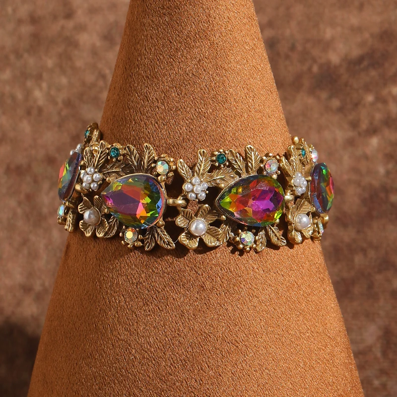 

Vintage Large Colorful Crystal Flower Bracelets Wedding Jewelry High Quality Brand Gold Plated New Bride Trends 2026 Accessories