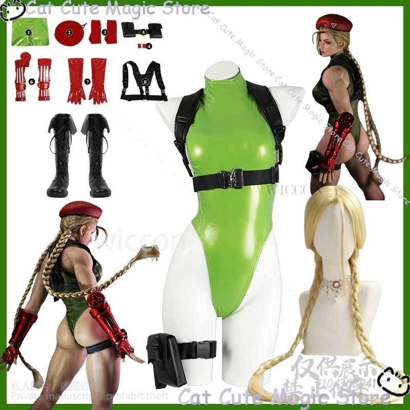 

Fighting Game SF Cosplay Cammy White Sexy Green Jumpsuit Leather Suit Bikini Hat Wig Shoes Jirai Kei Comic Con Outfit Customized
