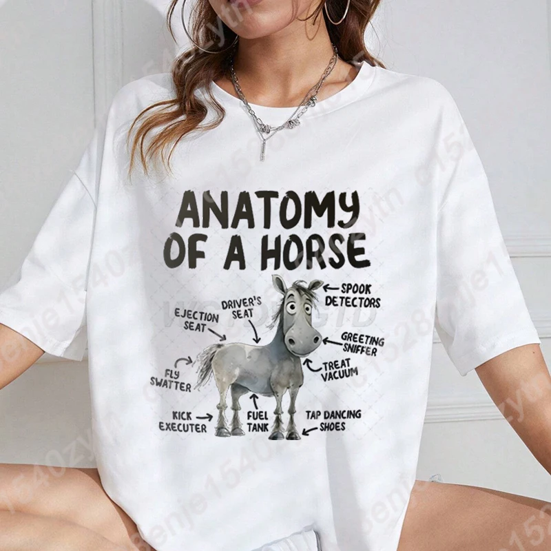 

Anatomy Of A Horse Print T-Shirt Women Short Sleeve Round Neck Oversized Tee Shirt Casual Summer Ladies Tops