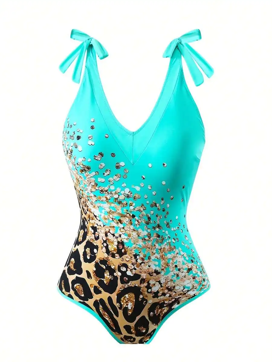 

Turquoise Leopard Print One-Piece Swimsuit With Adjustable Bow Tie Straps For Beach Pool And Vacation Wear