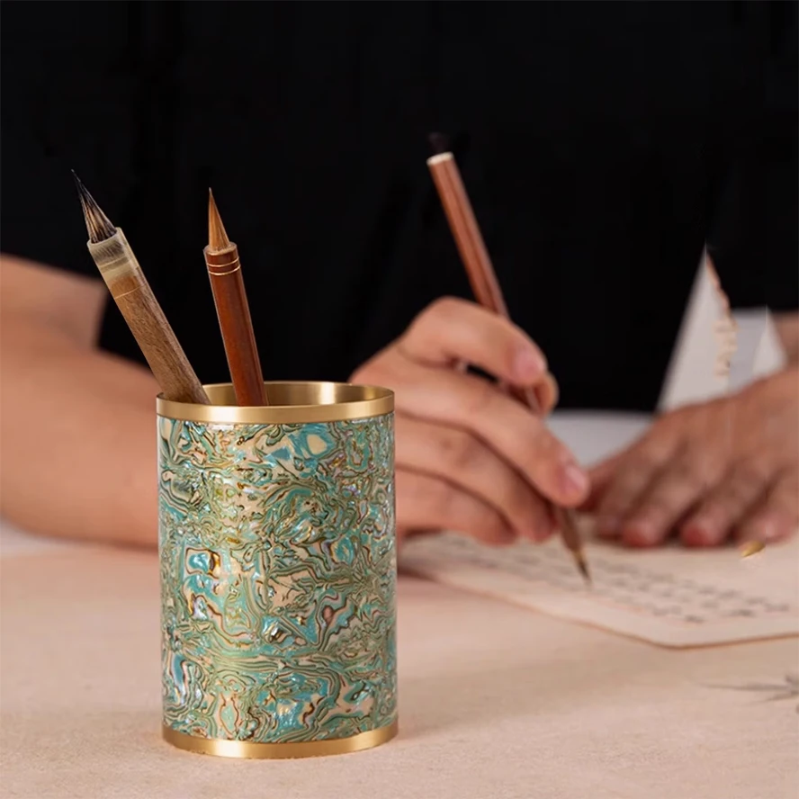 Shell Pattern Solid Brass Inlaid Pen Holder - Creative Luxury Desk Organizer, for Art Office Study Supplies Calligraphy Painting