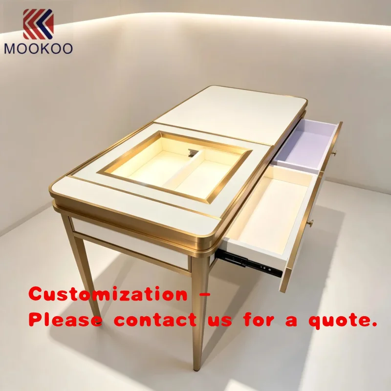 custom.Jewelry Shop Reception Counter Table Gold Frame Jewellery Consultation Desk LED Display Slot Jewelry Cashier Table