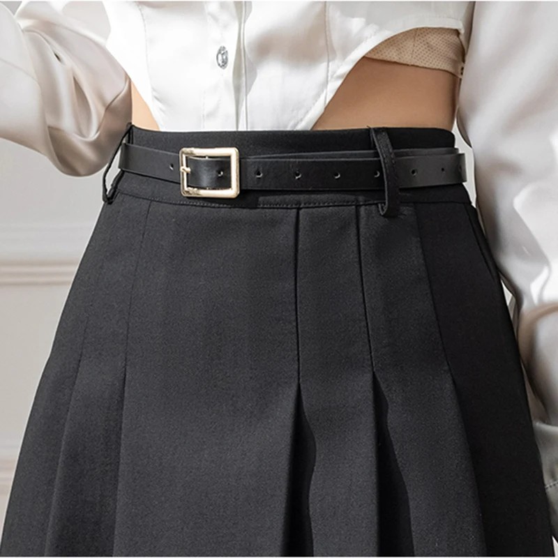 Korean Fashion Women\'s Pleated Long Skirt With Belt 2023 Elegant Casual Big Swing Office Work Saias Longas Female Khaki