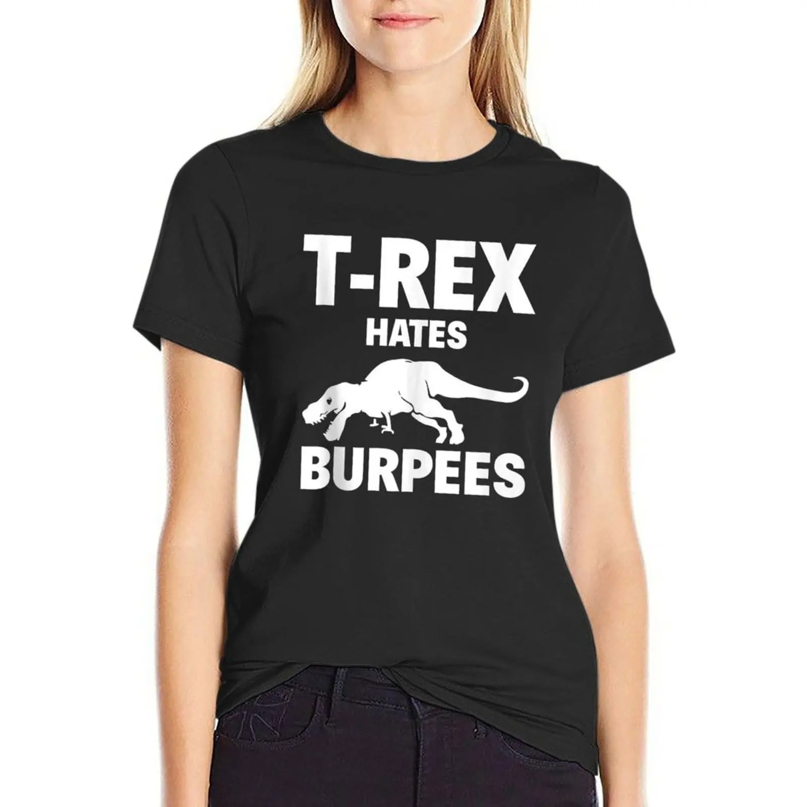

T Rex Hates Burpees Funny Dinosaur Gym Workout T-Shirt animal print anime blacks cute clothes workout shirts for Women loose fit