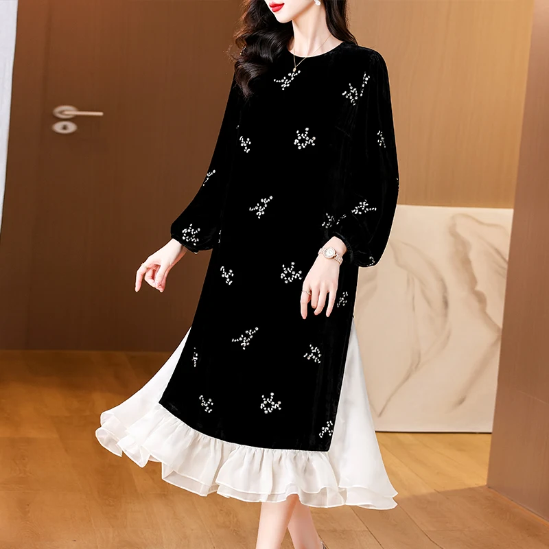 2024 Black Velvet Patchwork Pearl Mesh Long Sleeve Dress Autumn Winter Luxury Party Vestidos Women Korean Vintage Hepburn Dress