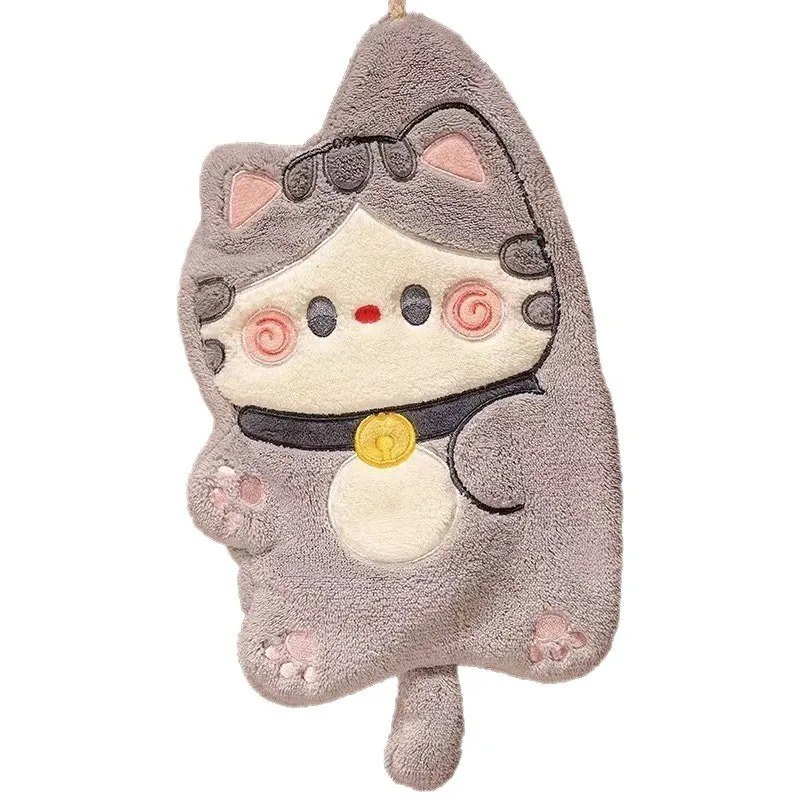 Thick Coral Fleece Square Towel Cute Cartoon Cat Design Hanging Hand Towel Absorbent Quick Dry Lint Free for Kitchen